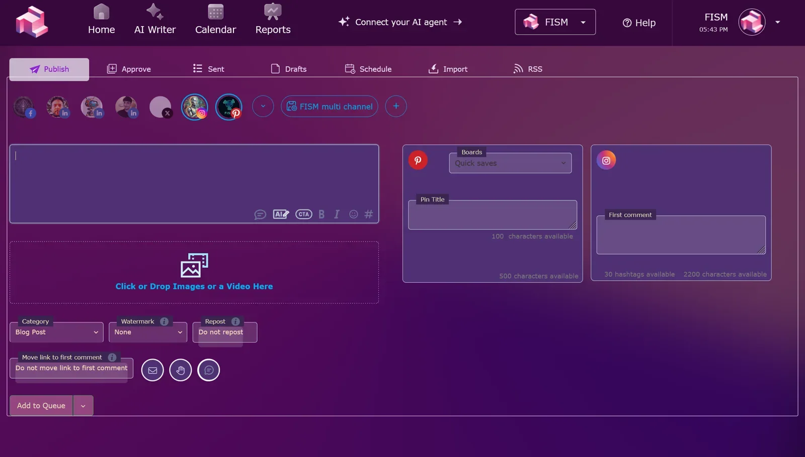 The Fismbot Post Pilot dashboard where posts are created, reviewed and scheduled